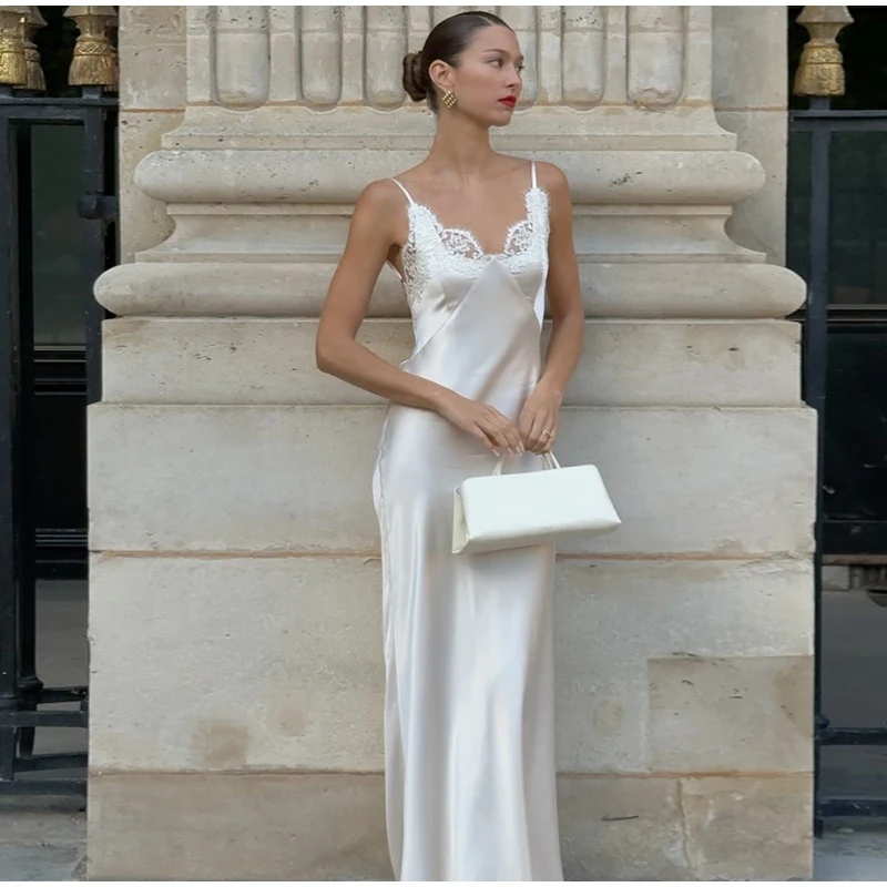 Chic Satin Lace Trim Midi Dress For Women Solid Patchwork Short Sleeve V-neck Summer Dresses 2026 Elegant Summer Holiday Gown