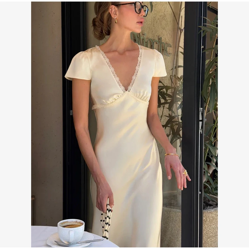 Chic Satin Lace Trim Midi Dress For Women Solid Patchwork Short Sleeve V-neck Summer Dresses 2026 Elegant Summer Holiday Gown