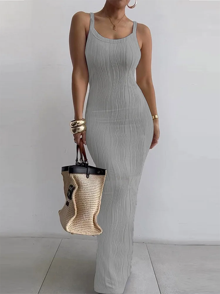 Long White Dress Women Streetwear Summer 2025 New Tight Fitting Dresses with Sleeveless Pullover Solid V-Neck Temperament Skirt