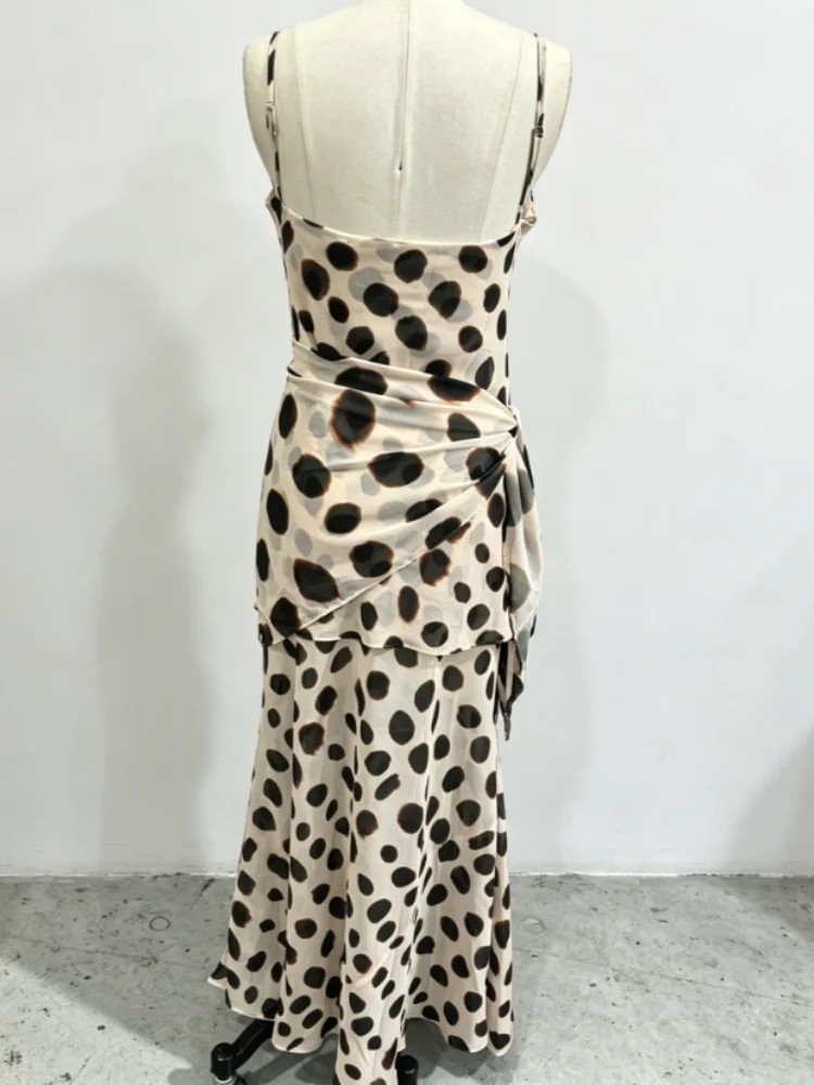 Stylish Women Animal Print Maxi Dress Chic Deep V Neck Spaghetti Straps Waist Tie Slim Fit Long Skirt Evening Party Club Outfit