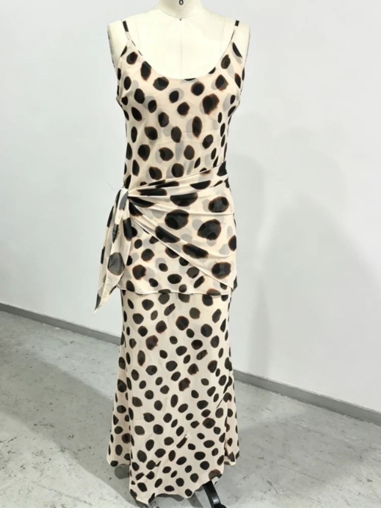 Stylish Women Animal Print Maxi Dress Chic Deep V Neck Spaghetti Straps Waist Tie Slim Fit Long Skirt Evening Party Club Outfit