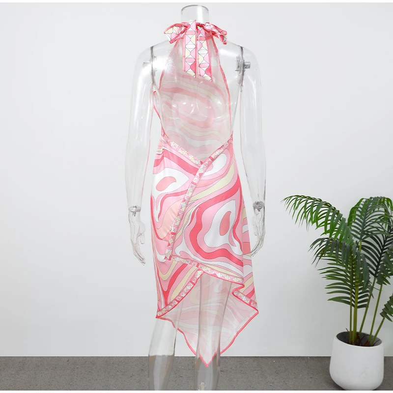 Lady Sexy Printed Halter Dress Sleeveless Off-shoulder Backless Loose Irregular Chic Robe 2026 Women Vacation Street Vestidos