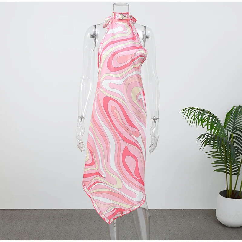 Lady Sexy Printed Halter Dress Sleeveless Off-shoulder Backless Loose Irregular Chic Robe 2026 Women Vacation Street Vestidos