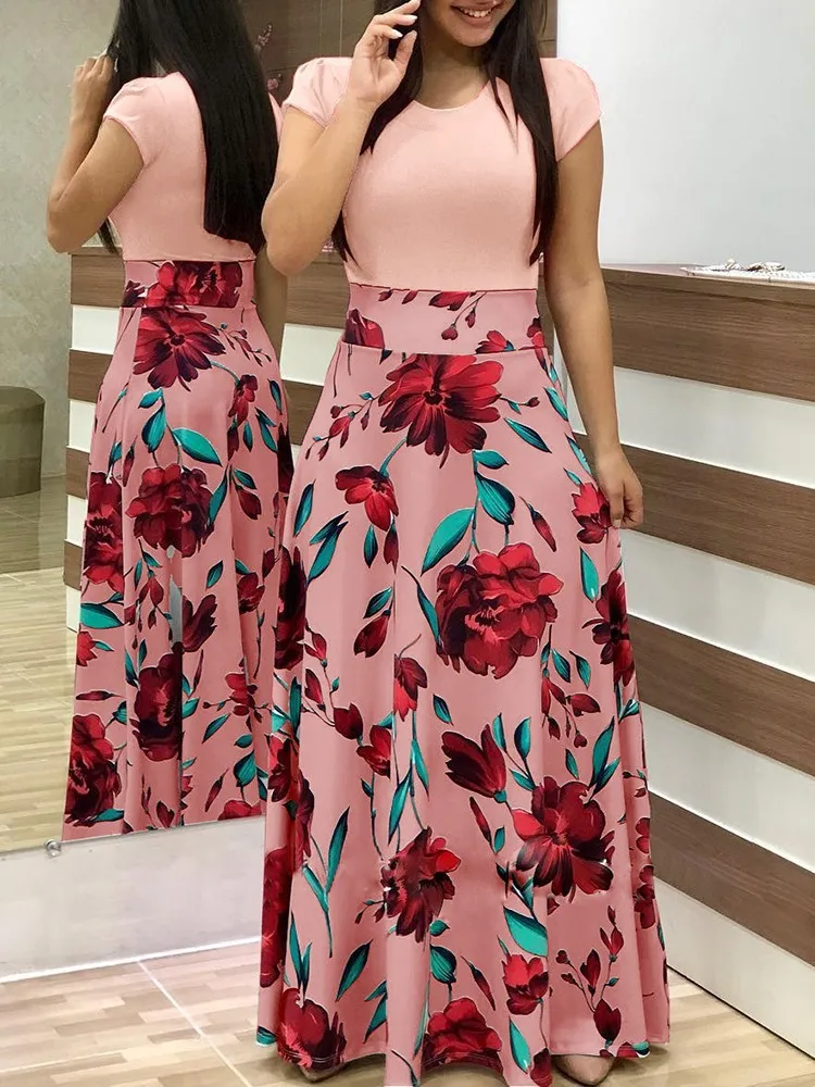 Dress Women Summer bohemain digital printing color matching round neck short sleeve hot style Dresses Casual Vestidos YRW6881