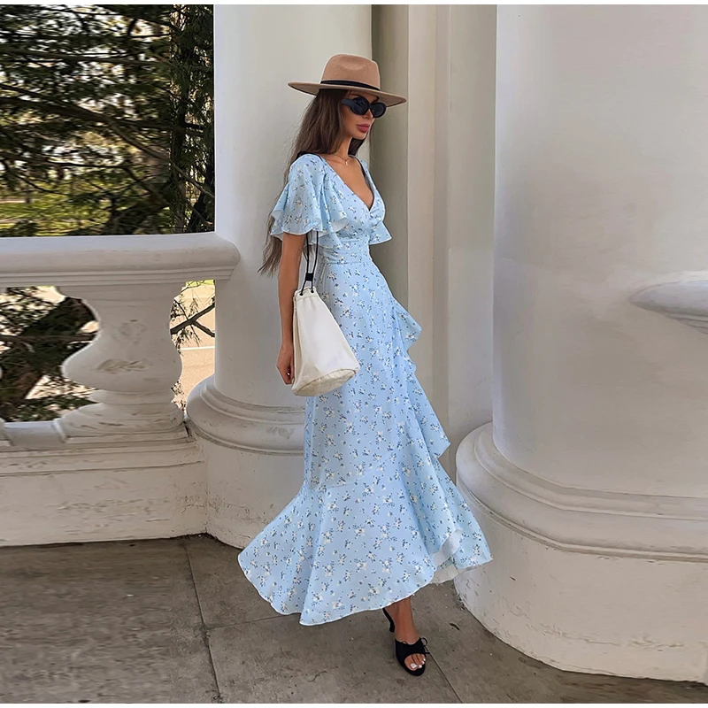 Fashion Printed Women's Dress Short Sleeve V-Neck Ruffle Waist-Closed Side Split Floral Dresses 2026 Summer Elegant Female Robe