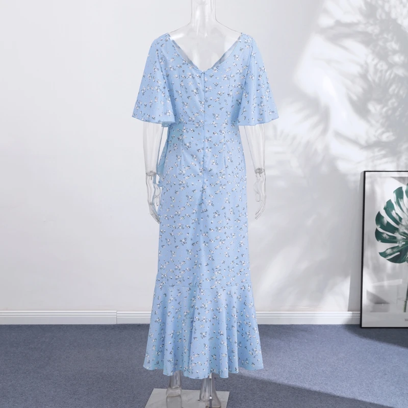 Fashion Printed Women's Dress Short Sleeve V-Neck Ruffle Waist-Closed Side Split Floral Dresses 2026 Summer Elegant Female Robe