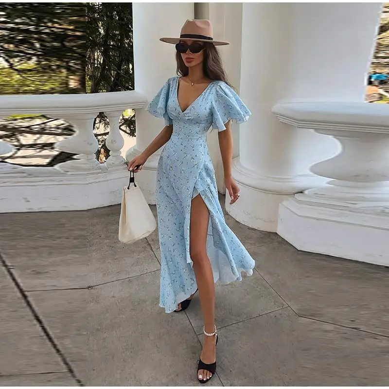 Fashion Printed Women's Dress Short Sleeve V-Neck Ruffle Waist-Closed Side Split Floral Dresses 2026 Summer Elegant Female Robe