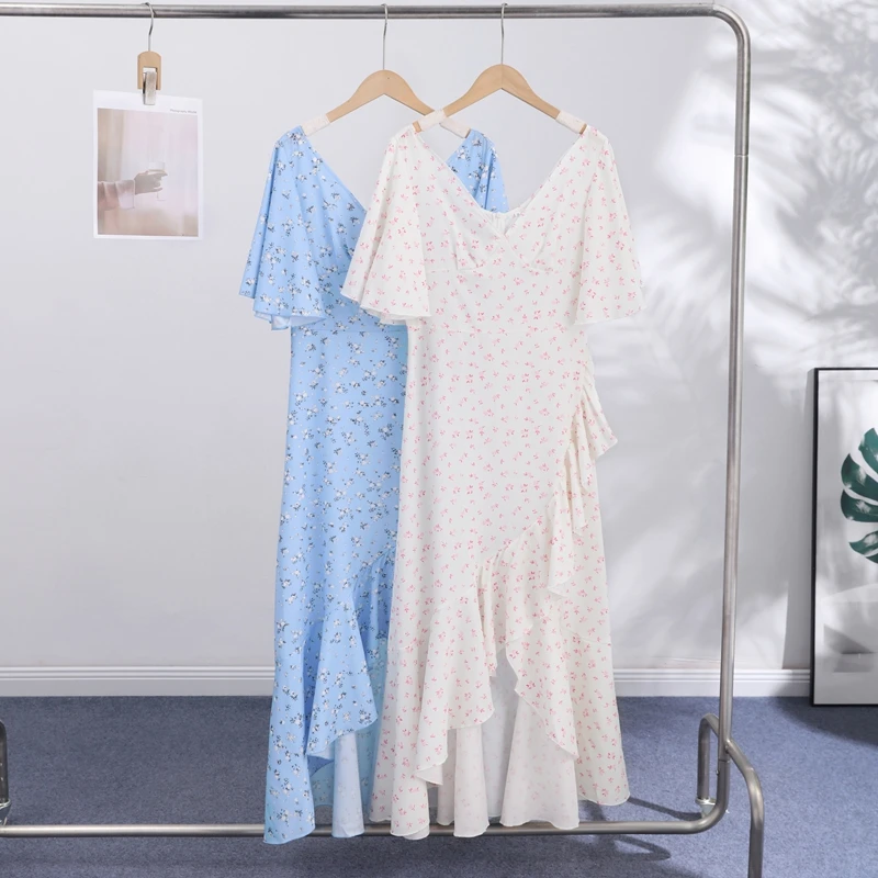 Fashion Printed Women's Dress Short Sleeve V-Neck Ruffle Waist-Closed Side Split Floral Dresses 2026 Summer Elegant Female Robe
