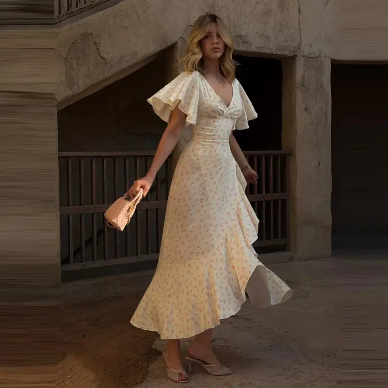 Fashion Printed Women's Dress Short Sleeve V-Neck Ruffle Waist-Closed Side Split Floral Dresses 2026 Summer Elegant Female Robe