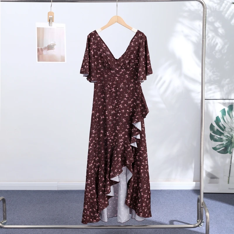 Fashion Printed Women's Dress Short Sleeve V-Neck Ruffle Waist-Closed Side Split Floral Dresses 2026 Summer Elegant Female Robe