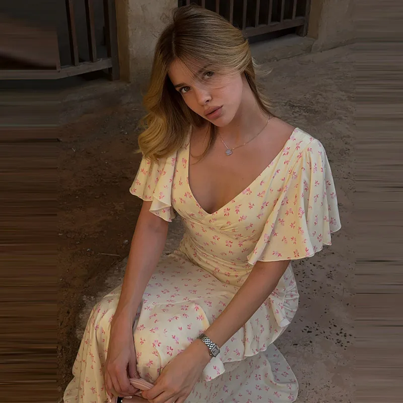 Fashion Printed Women's Dress Short Sleeve V-Neck Ruffle Waist-Closed Side Split Floral Dresses 2026 Summer Elegant Female Robe