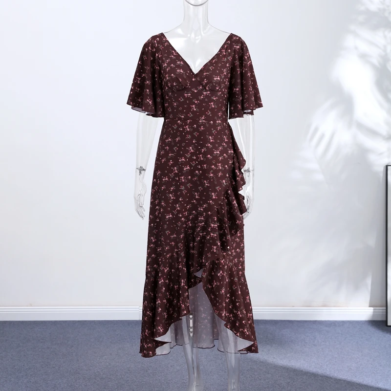 Fashion Printed Women's Dress Short Sleeve V-Neck Ruffle Waist-Closed Side Split Floral Dresses 2026 Summer Elegant Female Robe