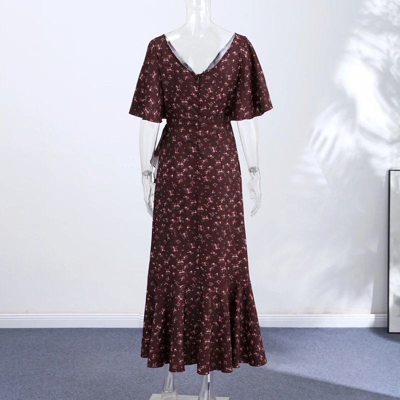 Fashion Printed Women's Dress Short Sleeve V-Neck Ruffle Waist-Closed Side Split Floral Dresses 2026 Summer Elegant Female Robe