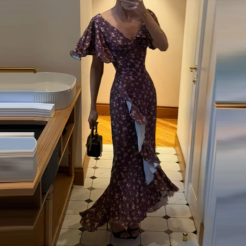 Fashion Printed Women's Dress Short Sleeve V-Neck Ruffle Waist-Closed Side Split Floral Dresses 2026 Summer Elegant Female Robe