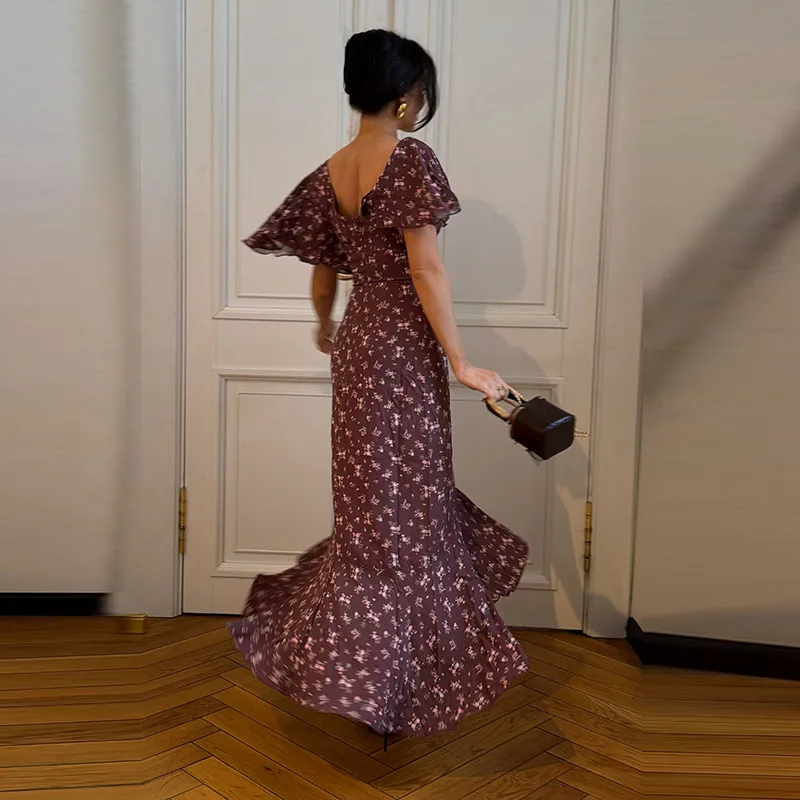 Fashion Printed Women's Dress Short Sleeve V-Neck Ruffle Waist-Closed Side Split Floral Dresses 2026 Summer Elegant Female Robe