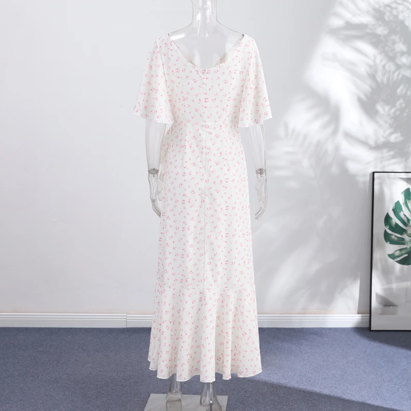Fashion Printed Women's Dress Short Sleeve V-Neck Ruffle Waist-Closed Side Split Floral Dresses 2026 Summer Elegant Female Robe