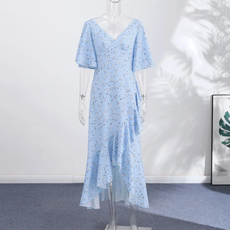Fashion Printed Women's Dress Short Sleeve V-Neck Ruffle Waist-Closed Side Split Floral Dresses 2026 Summer Elegant Female Robe