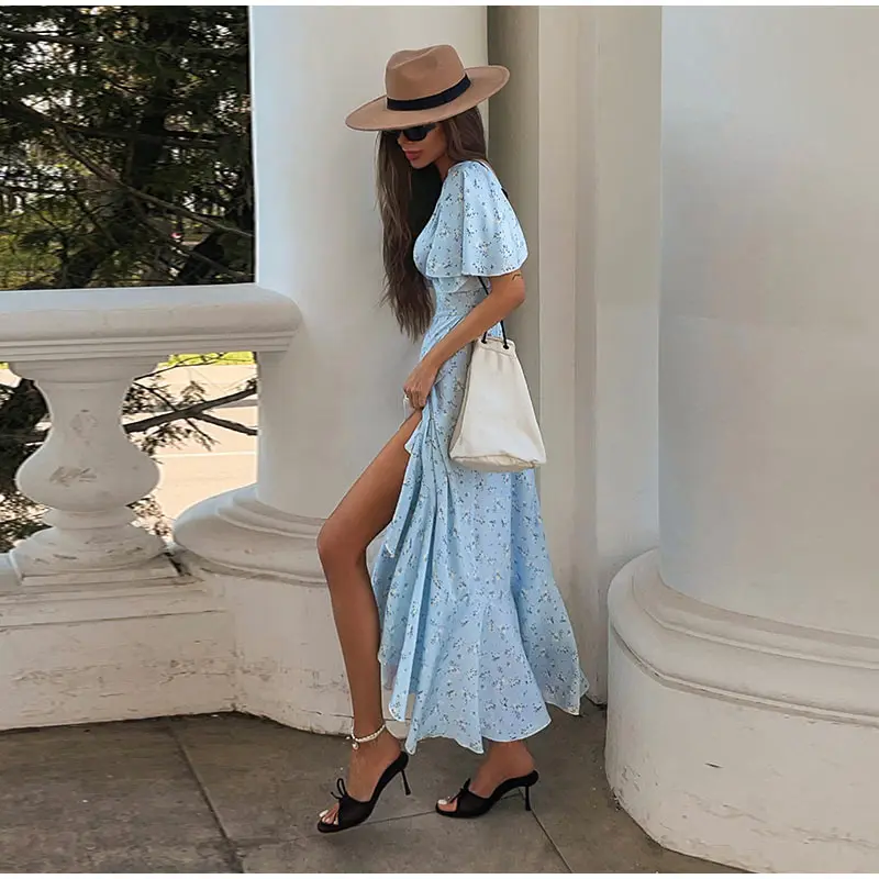 Fashion Printed Women's Dress Short Sleeve V-Neck Ruffle Waist-Closed Side Split Floral Dresses 2026 Summer Elegant Female Robe