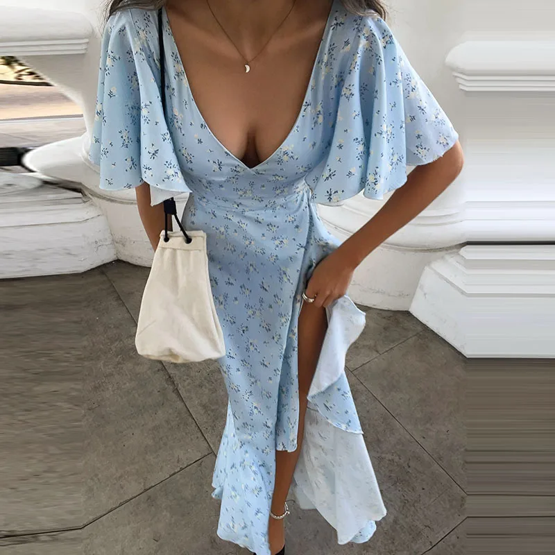 Fashion Printed Women's Dress Short Sleeve V-Neck Ruffle Waist-Closed Side Split Floral Dresses 2026 Summer Elegant Female Robe