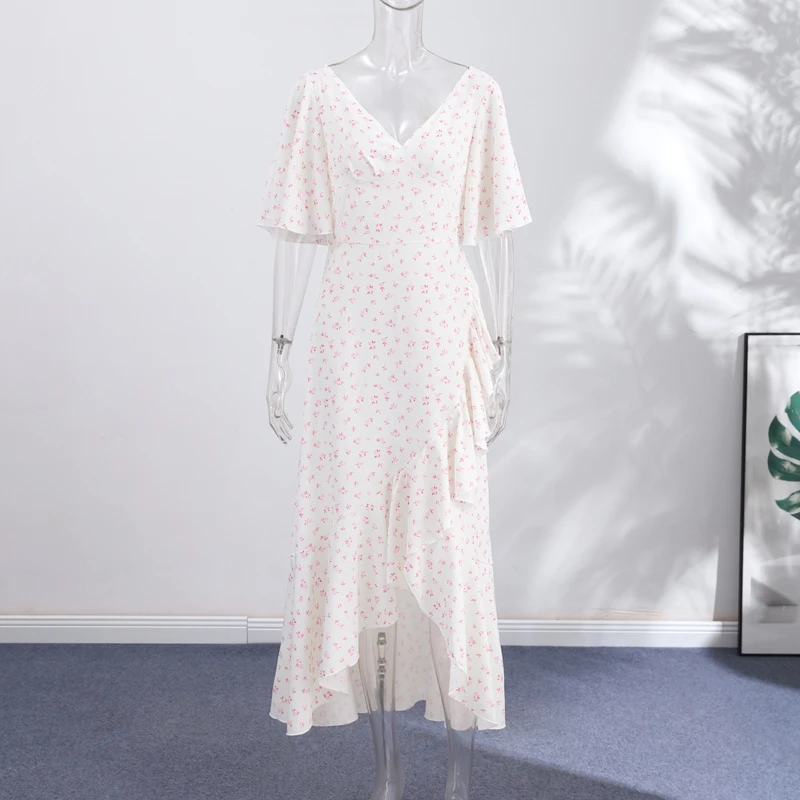Fashion Printed Women's Dress Short Sleeve V-Neck Ruffle Waist-Closed Side Split Floral Dresses 2026 Summer Elegant Female Robe