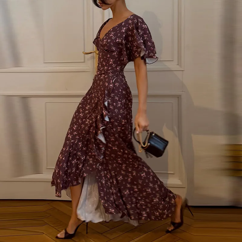 Fashion Printed Women's Dress Short Sleeve V-Neck Ruffle Waist-Closed Side Split Floral Dresses 2026 Summer Elegant Female Robe