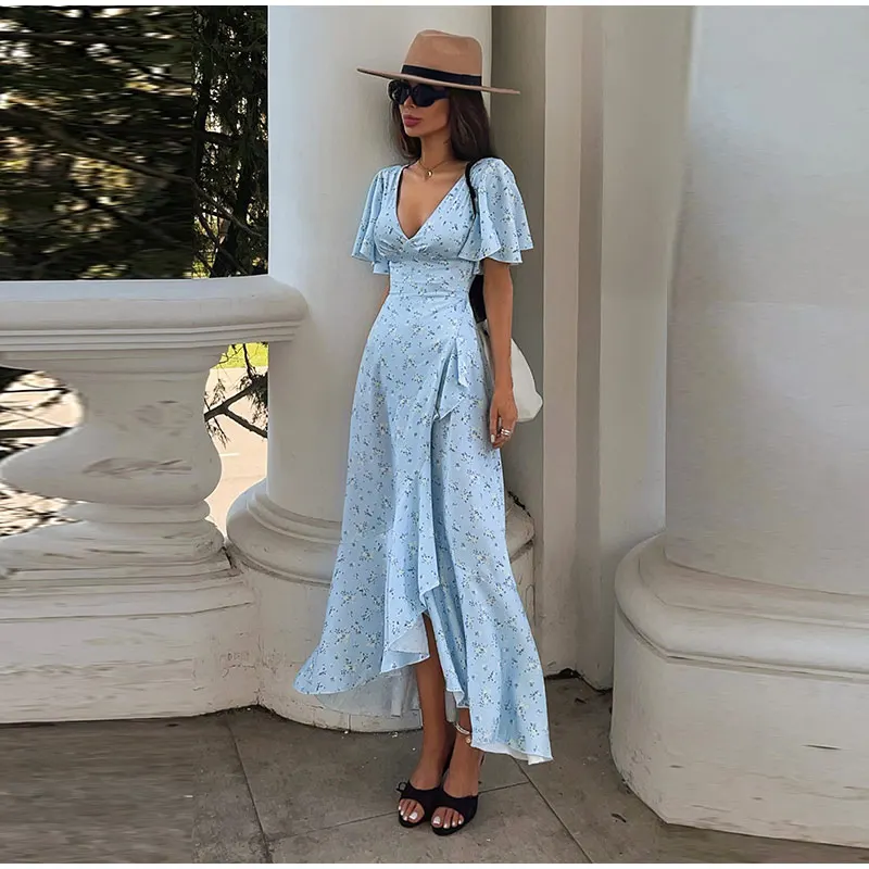 Fashion Printed Women's Dress Short Sleeve V-Neck Ruffle Waist-Closed Side Split Floral Dresses 2026 Summer Elegant Female Robe