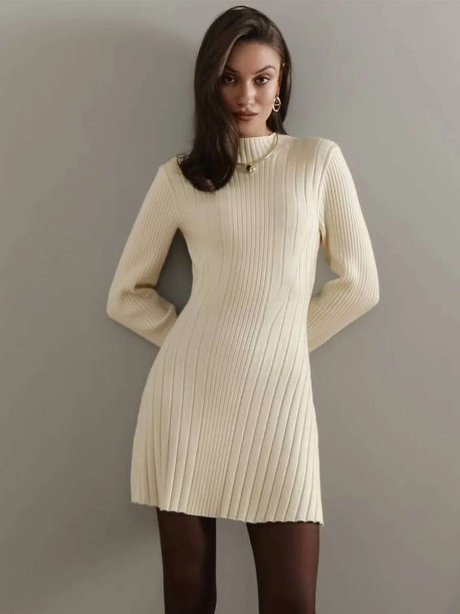 Knitting Dress Women's 2026 Spring Knitted Dress Long Sleeve Semi-High Neck A Line Skirt For An Elegant And Playful Look