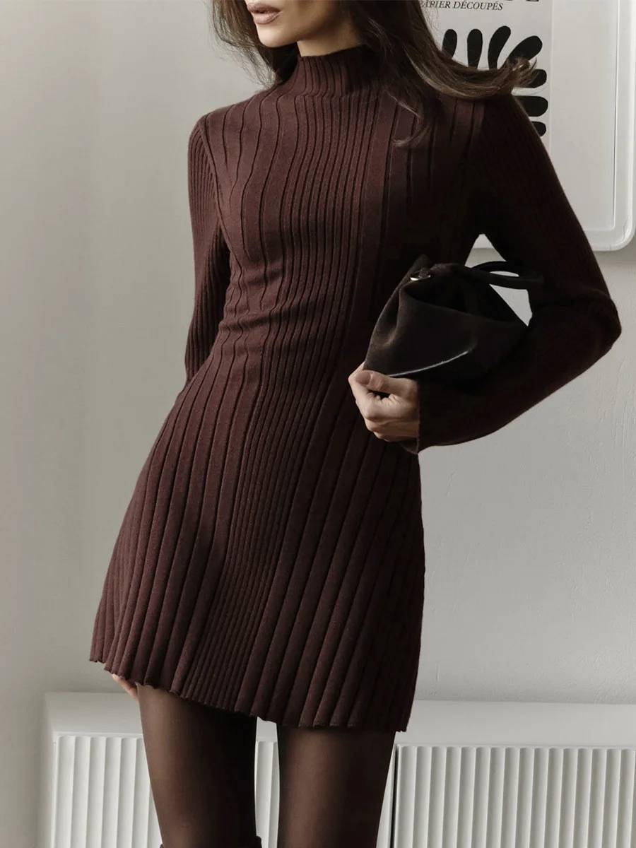 Knitting Dress Women's 2026 Spring Knitted Dress Long Sleeve Semi-High Neck A Line Skirt For An Elegant And Playful Look