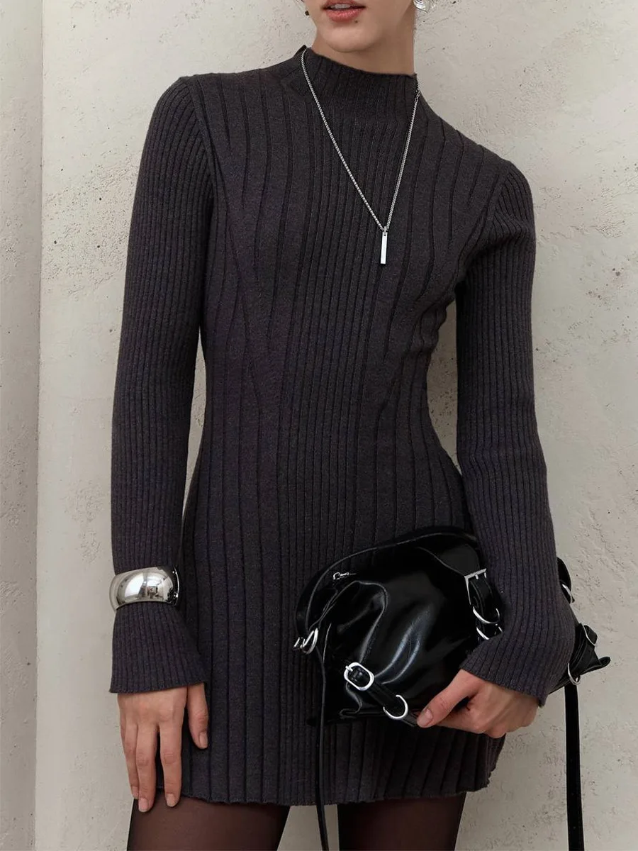 Knitting Dress Women's 2026 Spring Knitted Dress Long Sleeve Semi-High Neck A Line Skirt For An Elegant And Playful Look