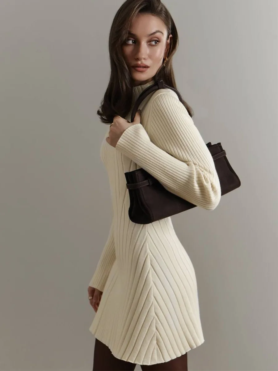 Knitting Dress Women's 2026 Spring Knitted Dress Long Sleeve Semi-High Neck A Line Skirt For An Elegant And Playful Look