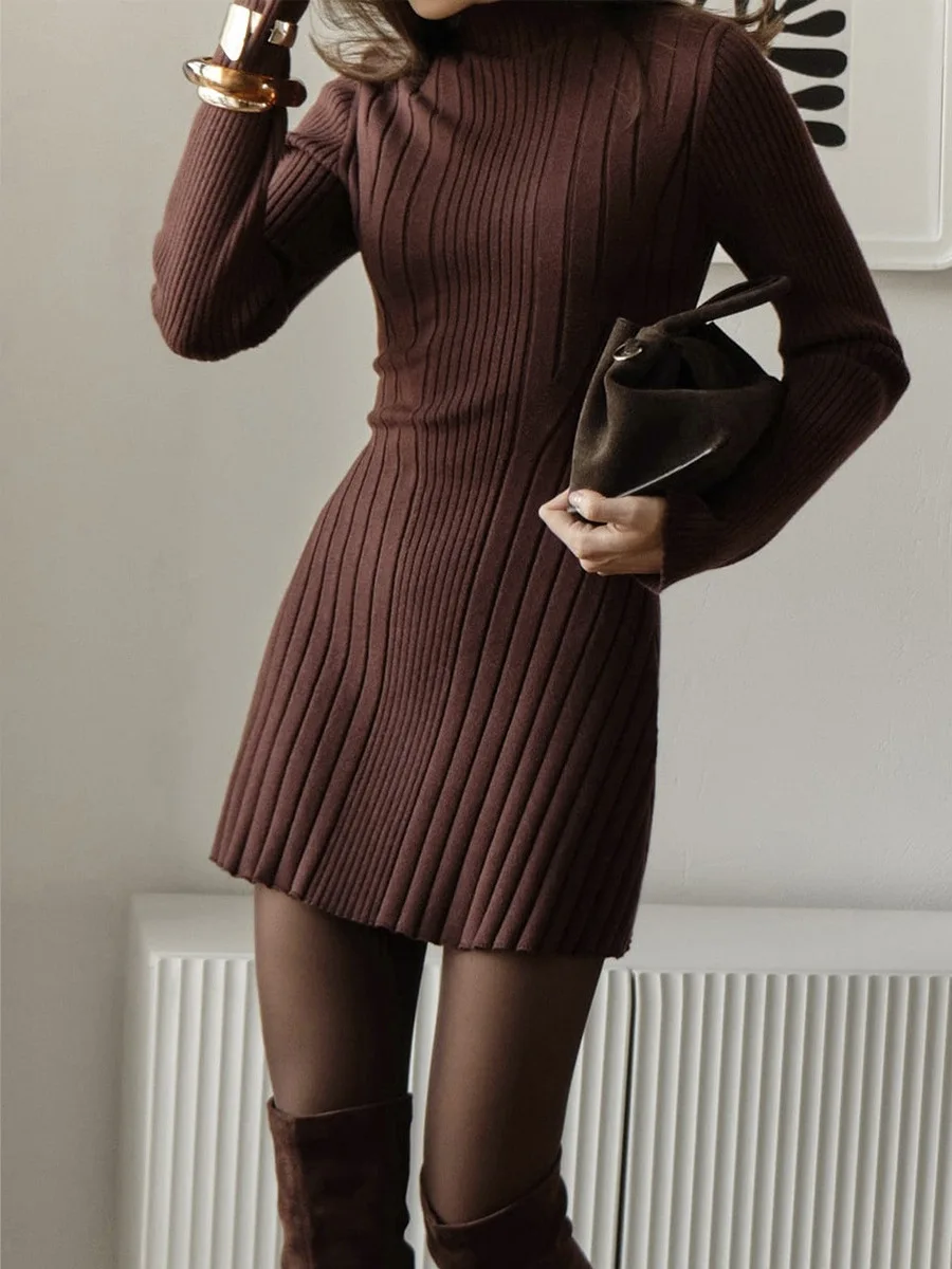 Knitting Dress Women's 2026 Spring Knitted Dress Long Sleeve Semi-High Neck A Line Skirt For An Elegant And Playful Look