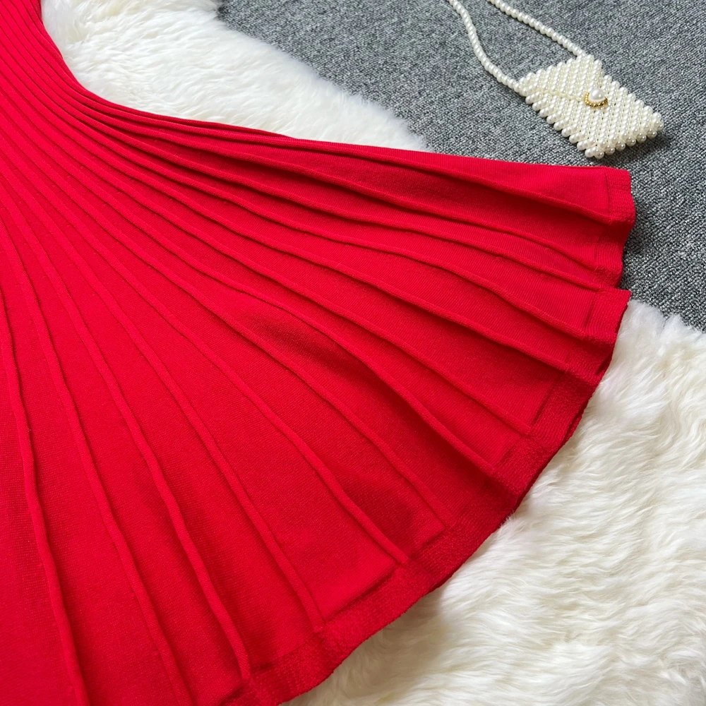YuooMuoo Korean Fashion A-line Knitted Short Dress 2026 New Y2K Summer Red Black Pleated Party Dress Streetwear Lady Vestidos