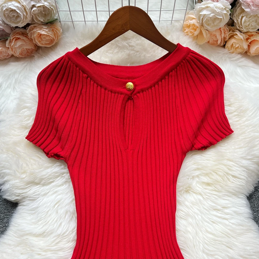 YuooMuoo Korean Fashion A-line Knitted Short Dress 2026 New Y2K Summer Red Black Pleated Party Dress Streetwear Lady Vestidos