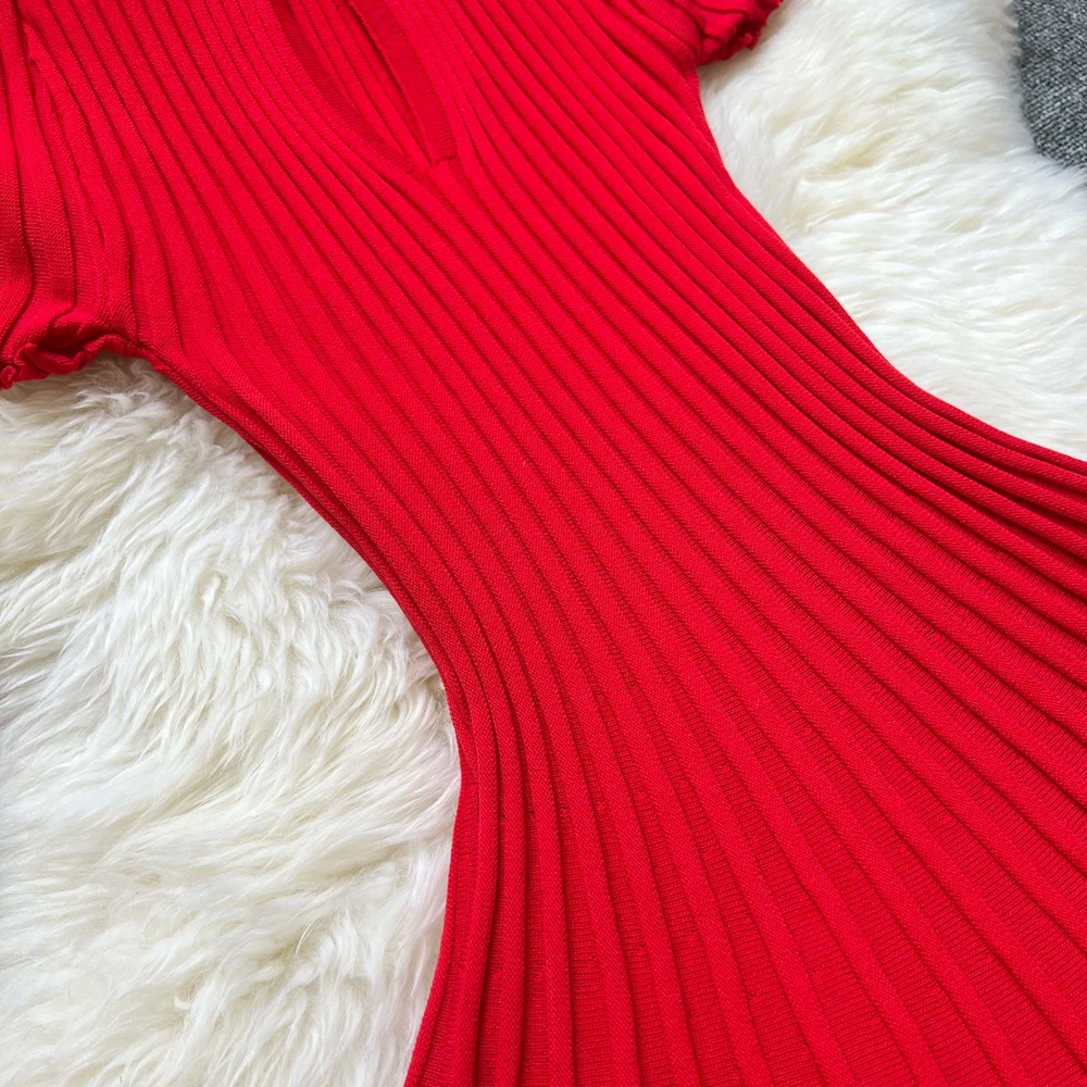 YuooMuoo Korean Fashion A-line Knitted Short Dress 2026 New Y2K Summer Red Black Pleated Party Dress Streetwear Lady Vestidos