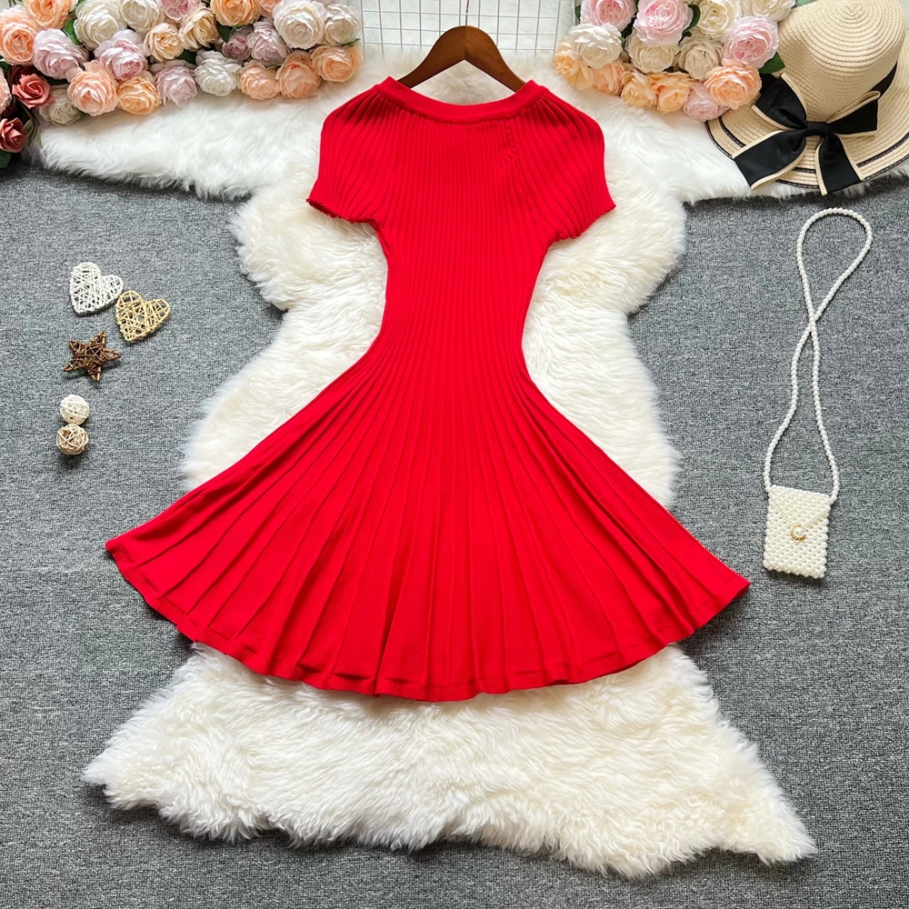 YuooMuoo Korean Fashion A-line Knitted Short Dress 2026 New Y2K Summer Red Black Pleated Party Dress Streetwear Lady Vestidos