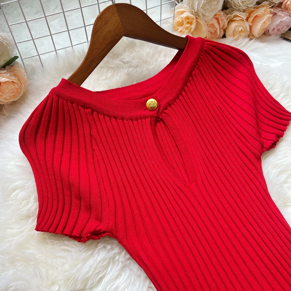 YuooMuoo Korean Fashion A-line Knitted Short Dress 2026 New Y2K Summer Red Black Pleated Party Dress Streetwear Lady Vestidos