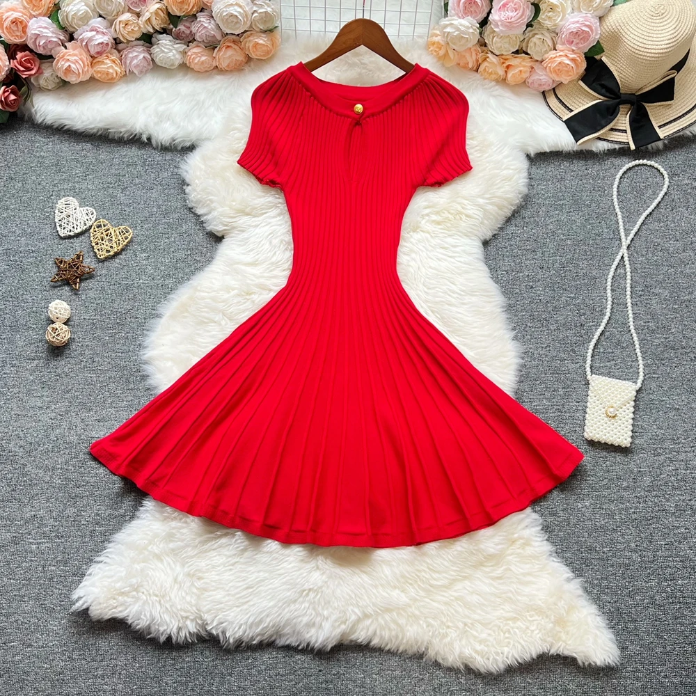 YuooMuoo Korean Fashion A-line Knitted Short Dress 2026 New Y2K Summer Red Black Pleated Party Dress Streetwear Lady Vestidos