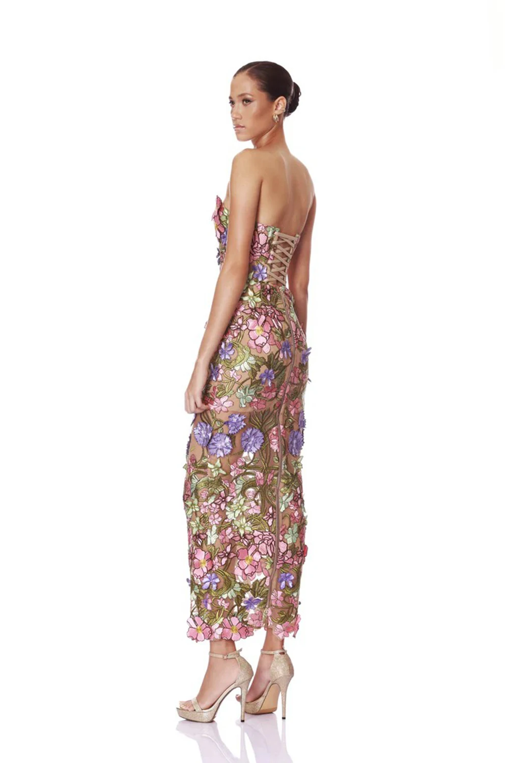 New Sexy Strapless Back Lace Up Dress for Women, Slim Fit and Simple Floral Embroidery Fabric Party Dress Long