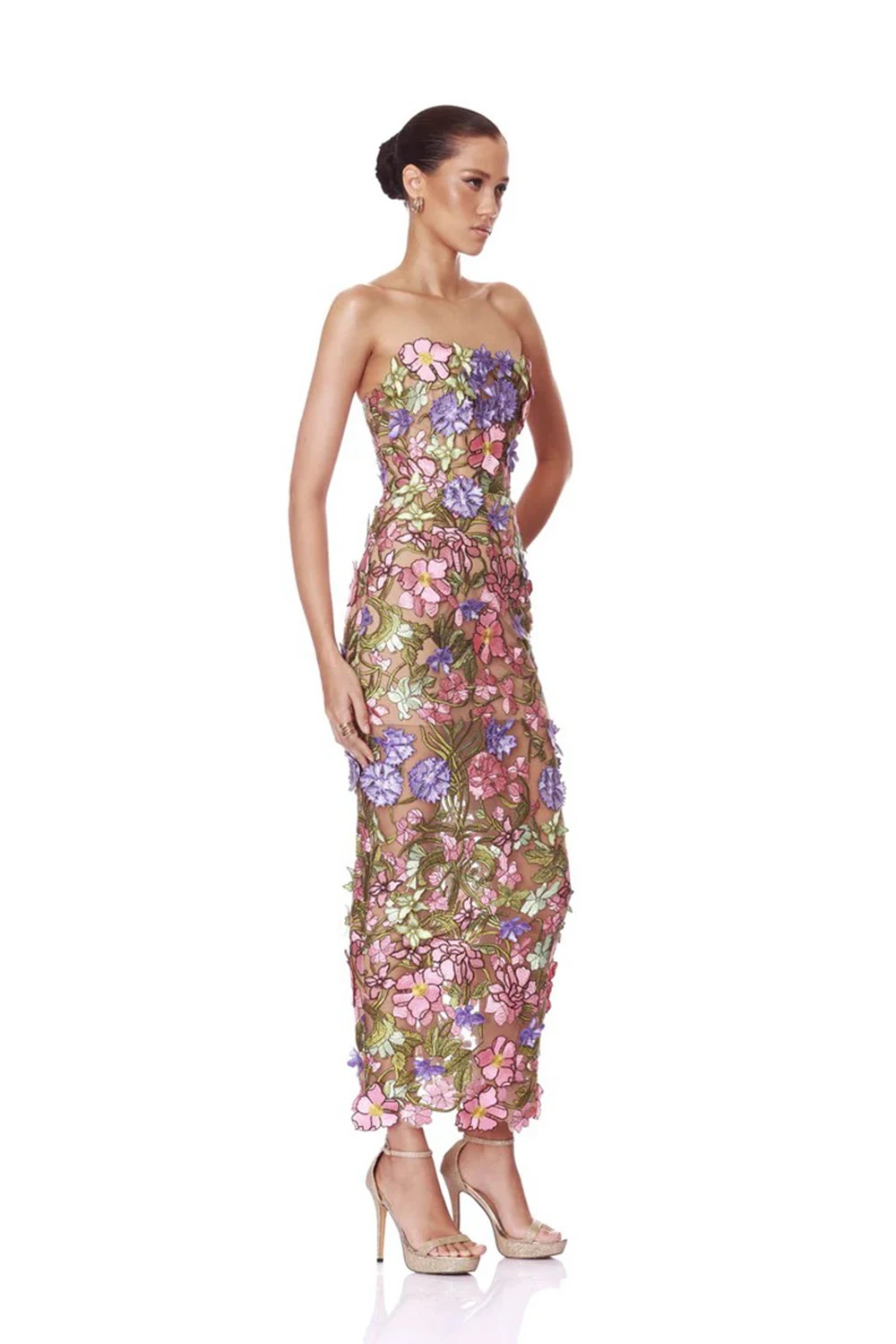 New Sexy Strapless Back Lace Up Dress for Women, Slim Fit and Simple Floral Embroidery Fabric Party Dress Long