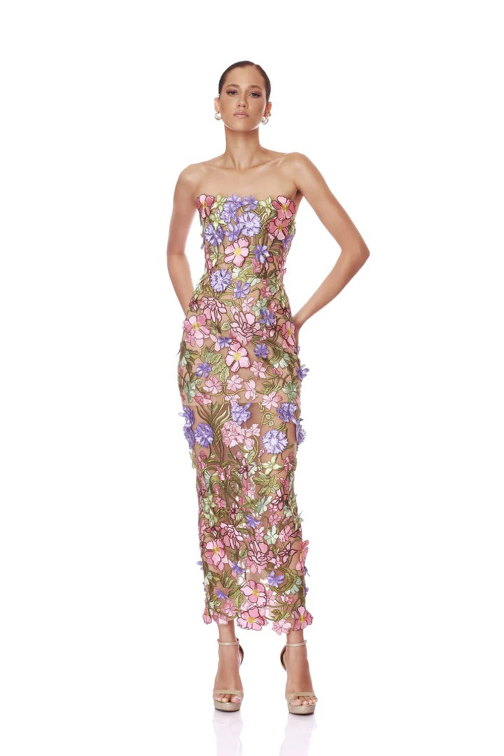 New Sexy Strapless Back Lace Up Dress for Women, Slim Fit and Simple Floral Embroidery Fabric Party Dress Long