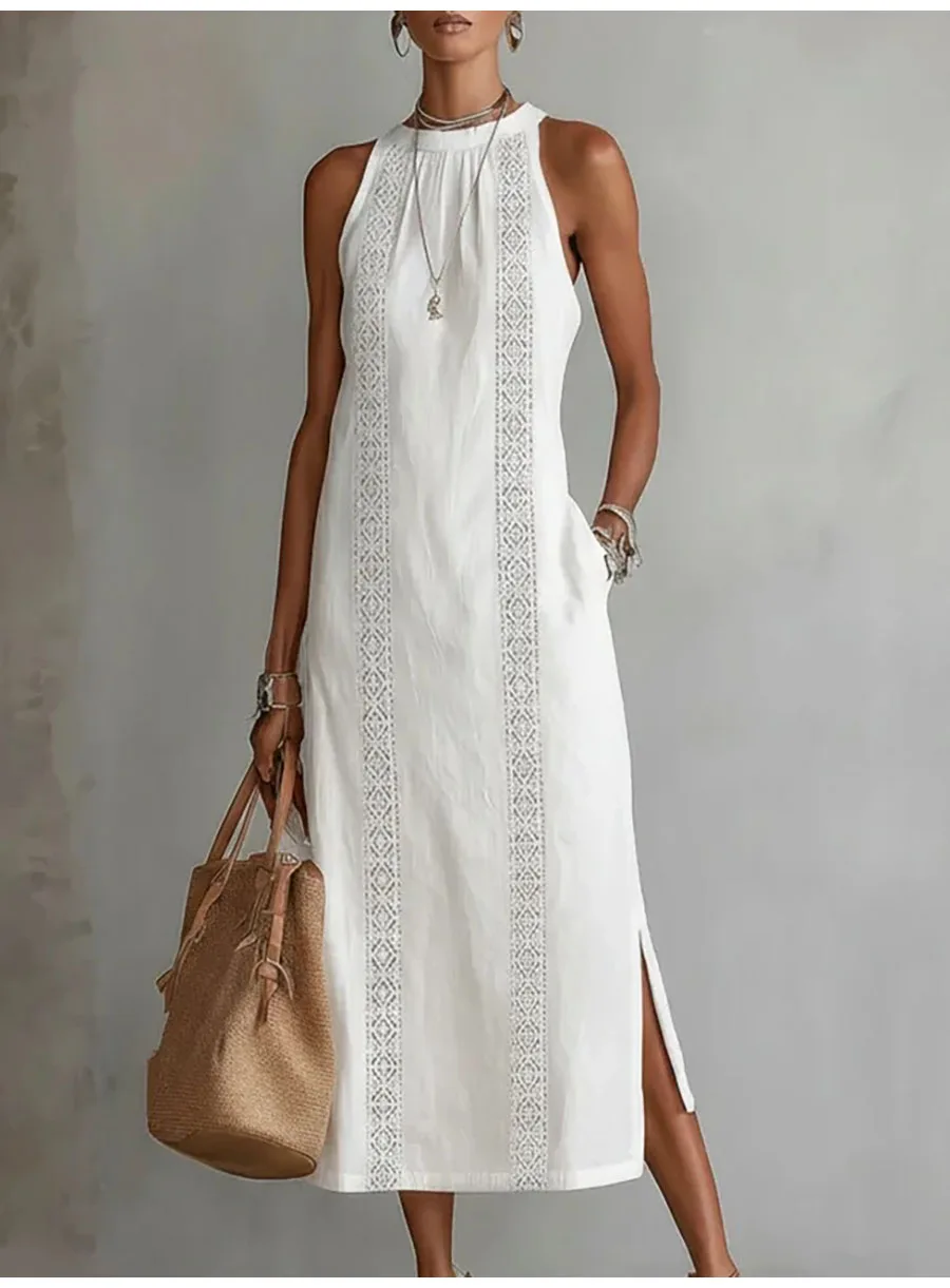 Fashion Lace Slim Maxi Dress Women Summer 2026 Casual White Sleeveless Off Shoulder Long Dresses Elegant