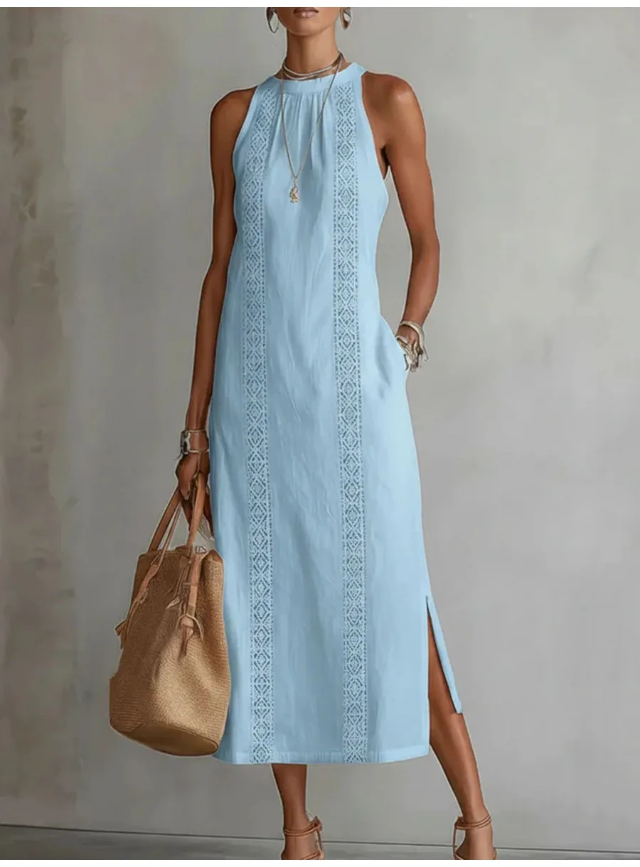 Fashion Lace Slim Maxi Dress Women Summer 2026 Casual White Sleeveless Off Shoulder Long Dresses Elegant
