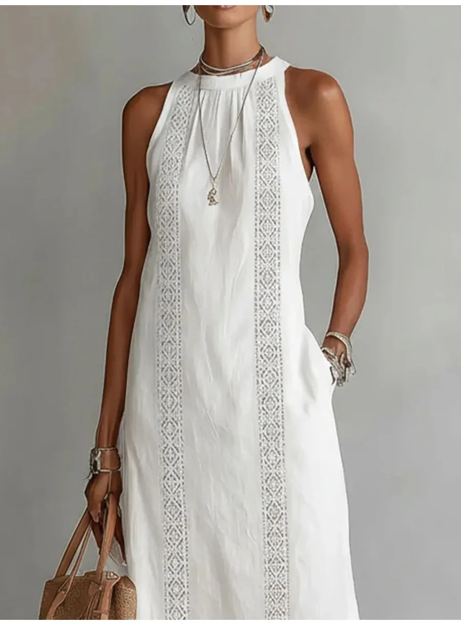 Fashion Lace Slim Maxi Dress Women Summer 2026 Casual White Sleeveless Off Shoulder Long Dresses Elegant