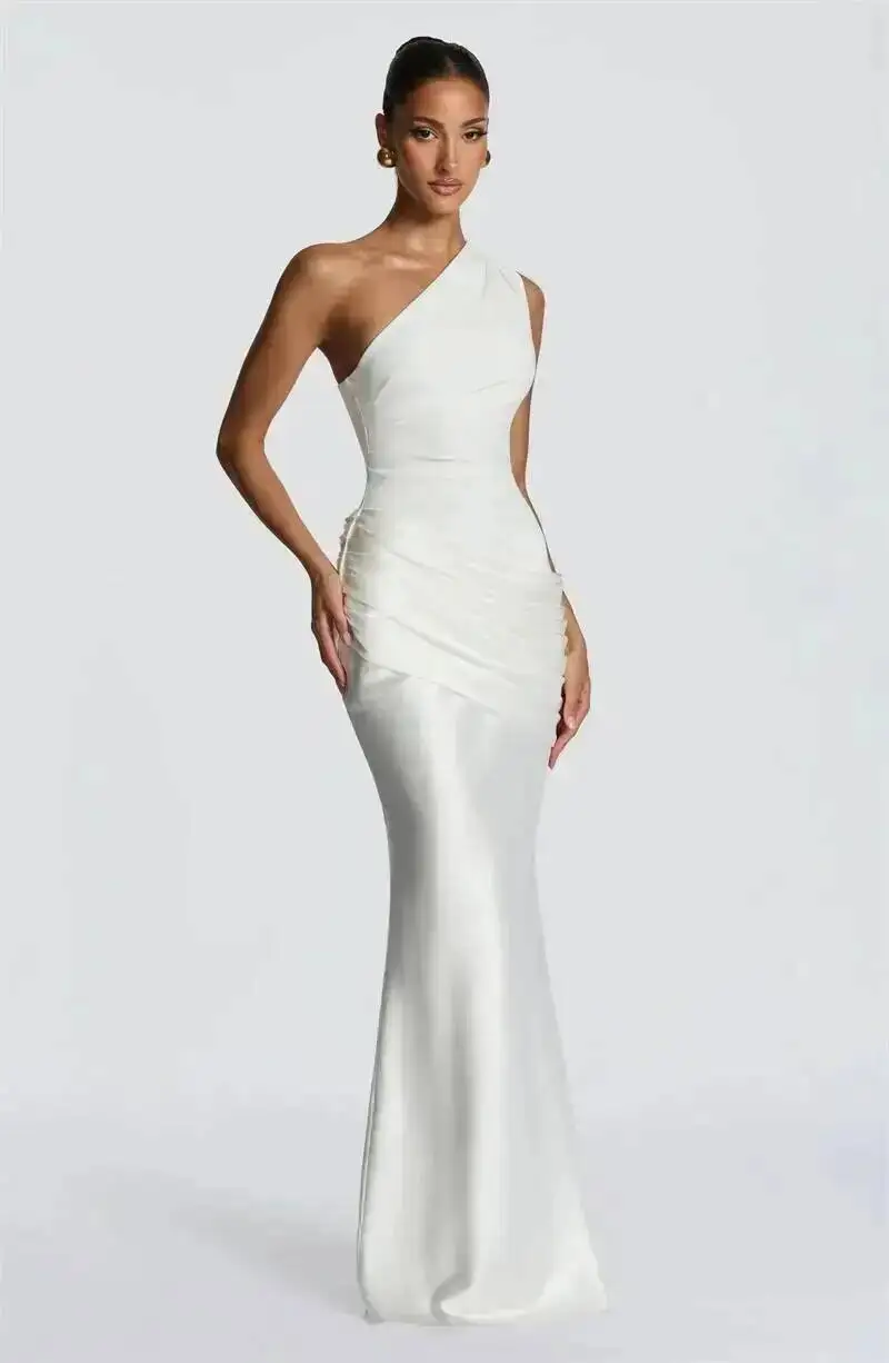 Blifanbo Stain Oblique Shoulder Sexy Maxi Dress Women Gown Ruched Sleeveless Fashion High Waist Club Party Evening Dress Elegant