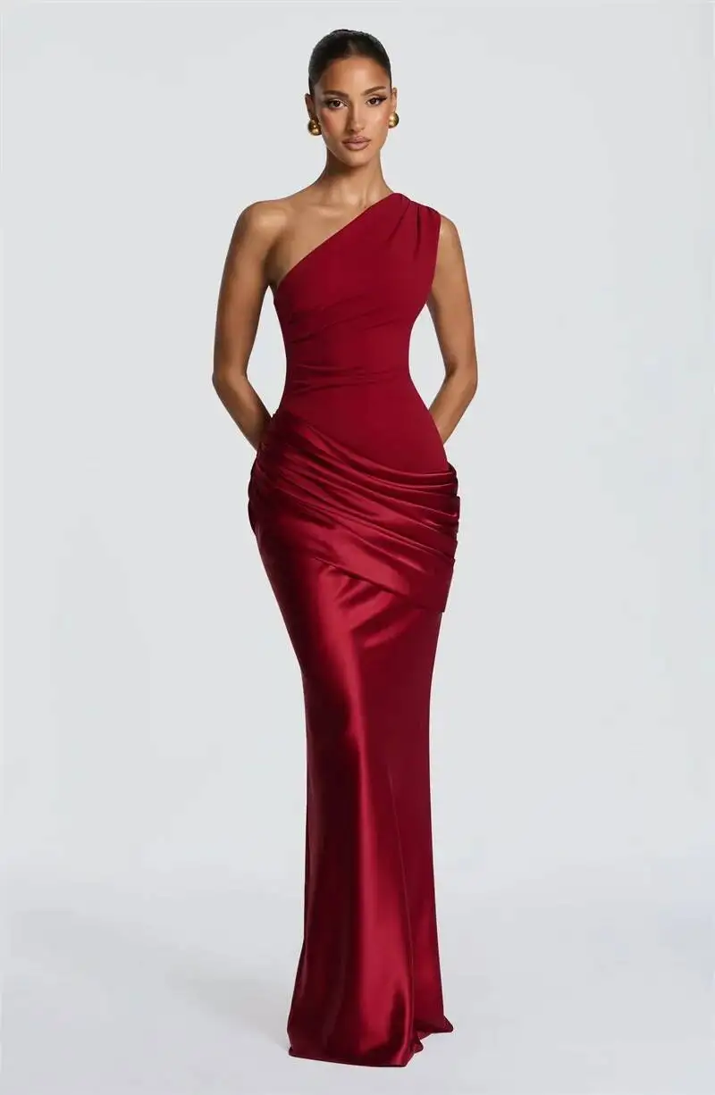 Blifanbo Stain Oblique Shoulder Sexy Maxi Dress Women Gown Ruched Sleeveless Fashion High Waist Club Party Evening Dress Elegant