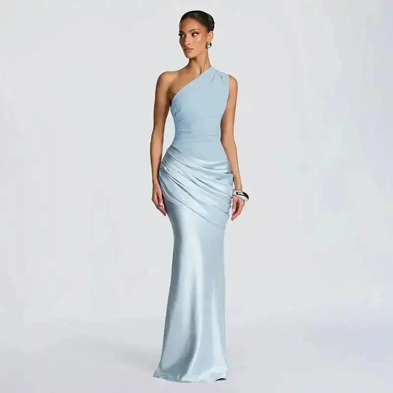 Blifanbo Stain Oblique Shoulder Sexy Maxi Dress Women Gown Ruched Sleeveless Fashion High Waist Club Party Evening Dress Elegant