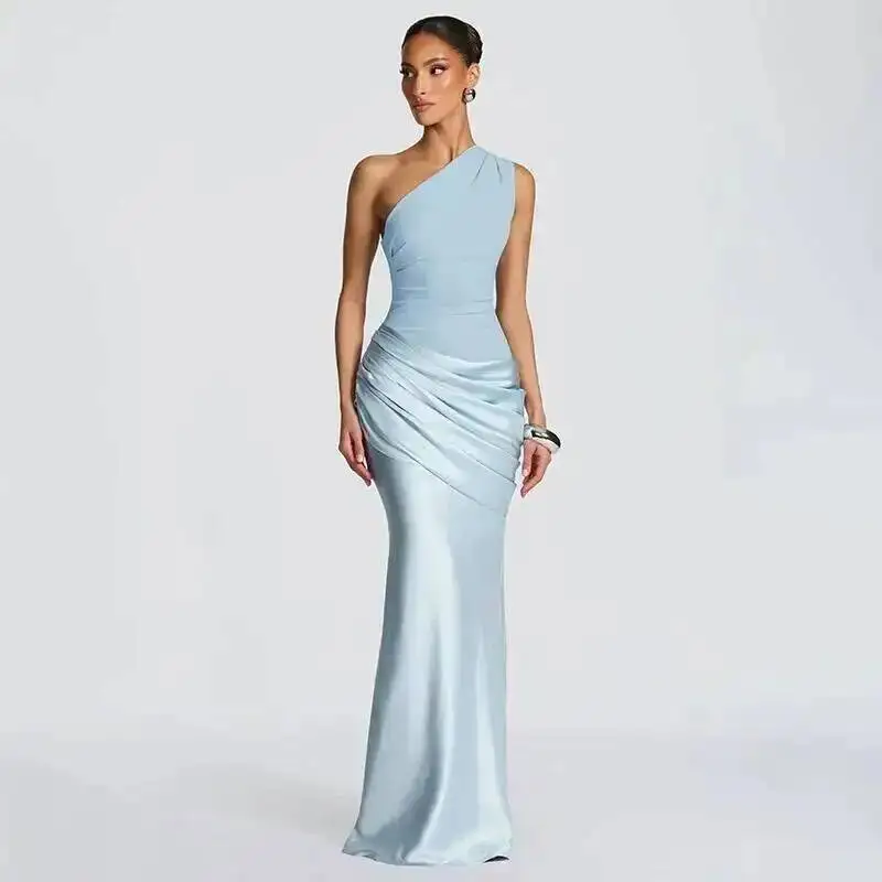 Blifanbo Stain Oblique Shoulder Sexy Maxi Dress Women Gown Ruched Sleeveless Fashion High Waist Club Party Evening Dress Elegant
