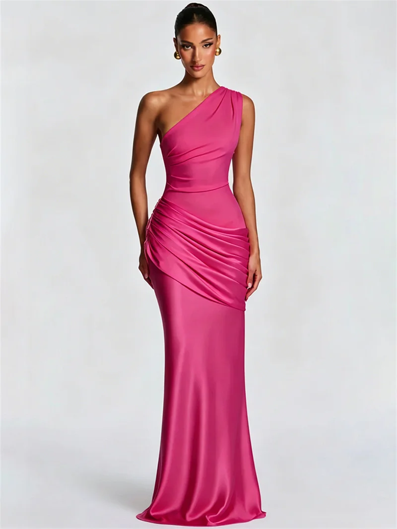 Blifanbo Stain Oblique Shoulder Sexy Maxi Dress Women Gown Ruched Sleeveless Fashion High Waist Club Party Evening Dress Elegant