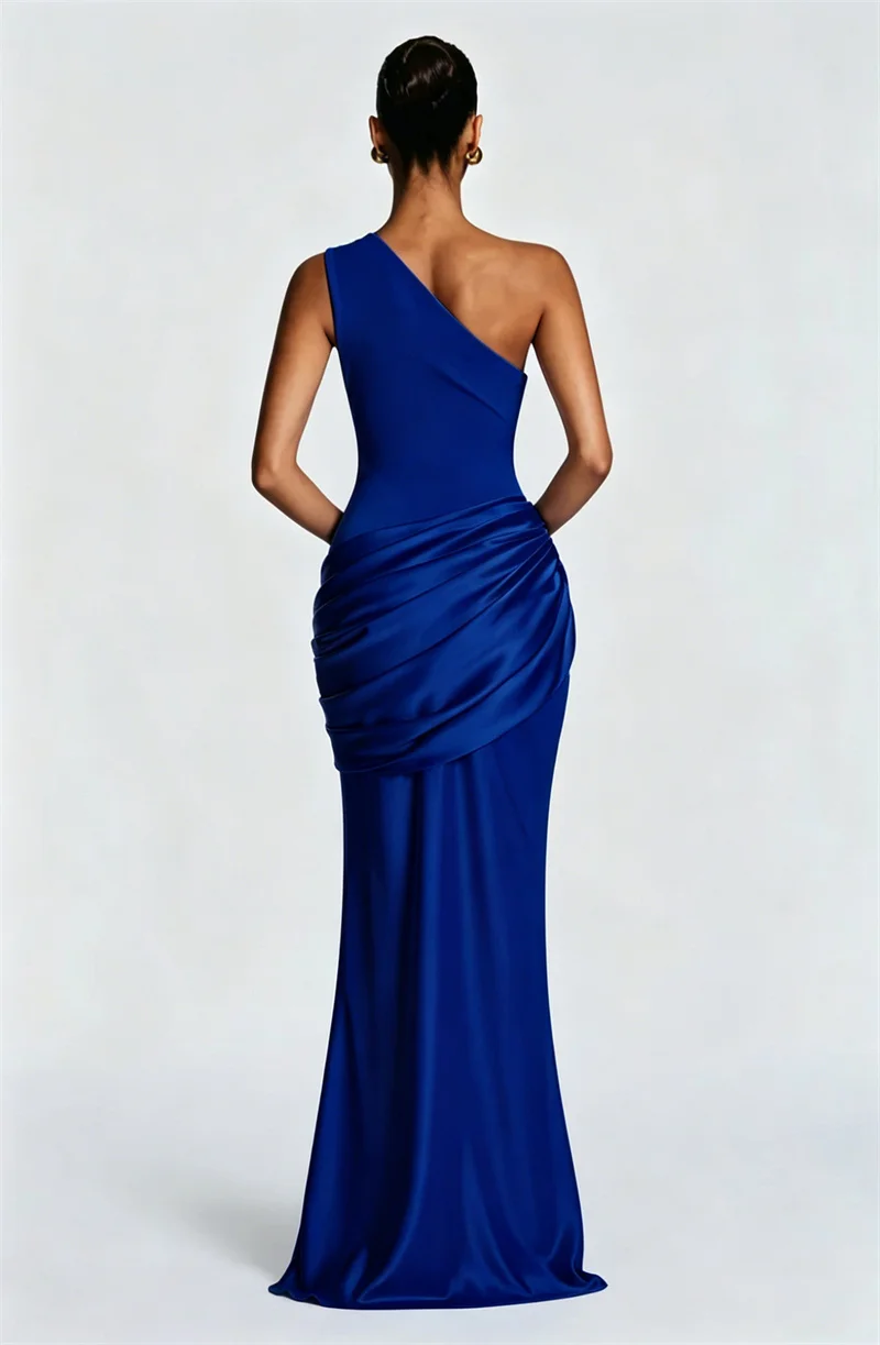 Blifanbo Stain Oblique Shoulder Sexy Maxi Dress Women Gown Ruched Sleeveless Fashion High Waist Club Party Evening Dress Elegant