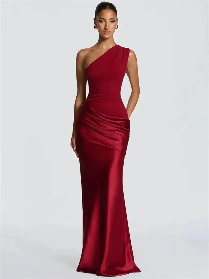 Blifanbo Stain Oblique Shoulder Sexy Maxi Dress Women Gown Ruched Sleeveless Fashion High Waist Club Party Evening Dress Elegant